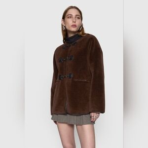 NWT Rebecca Minkoff Chocolate Brown Vegan Shearling And Leather Toggle Jacket